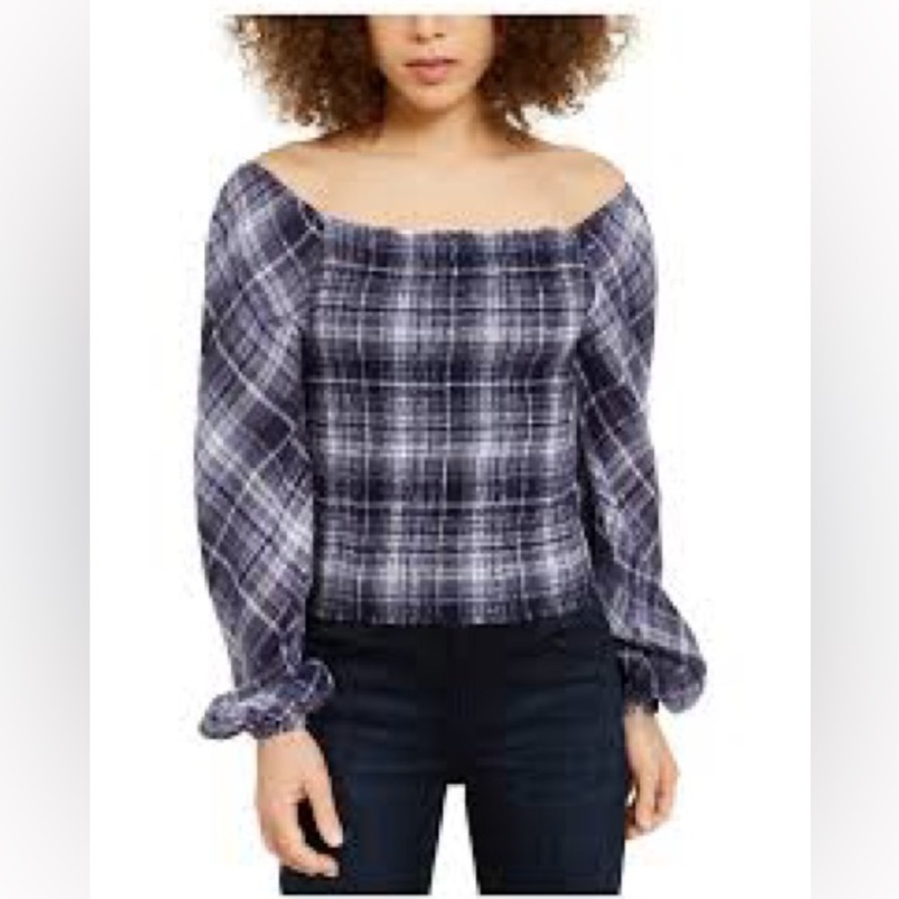 INC‎ Blue Shimmering Plaid Long Sleeve Square Neck Puff Sleeve Blouse Top Small